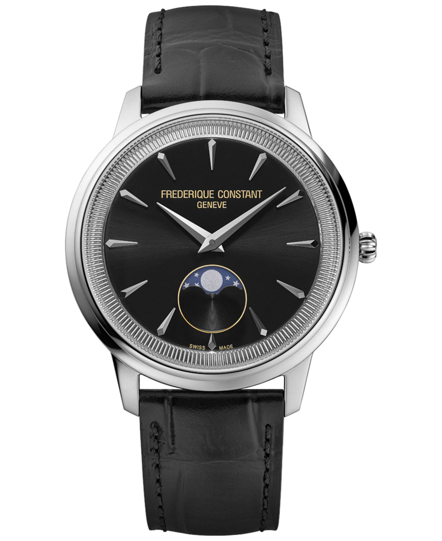 Мужские часы Frederique Constant Swiss Moneta Moonphase Black Leather Strap Watch 37mm — фото 1
