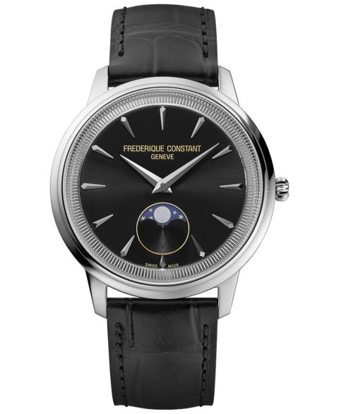 Мужские часы Frederique Constant Swiss Moneta Moonphase Black Leather Strap Watch 37mm