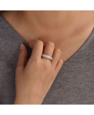 Classic Two Row Pave Cubic Zirconia CZ  Eternity Band Ring .925 Sterling Silver Rhodium 5MM Wide