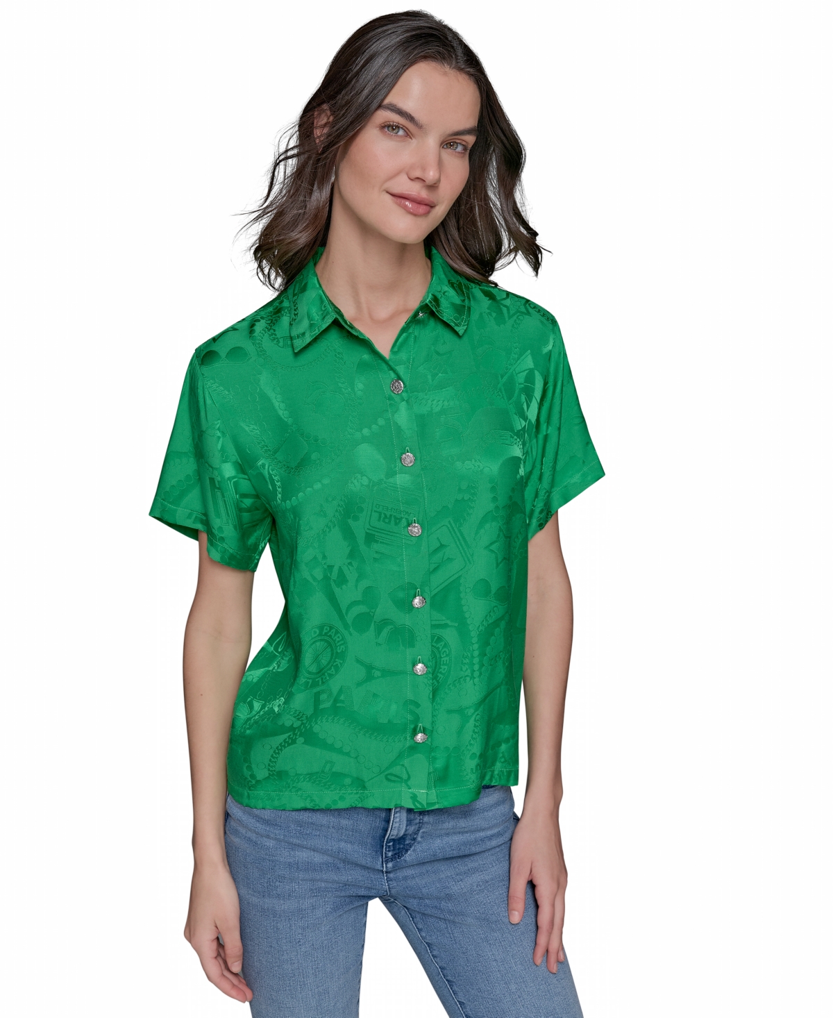 Shop Karl Lagerfeld Women's Short Sleeve Jacquard Button Front Top In Flore Green