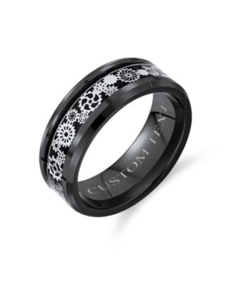 Steampunk Gear Wheel Silver Black Plated Titanium Ring Band Carbon Fiber Inlay Beveled Edges Comfort Fit