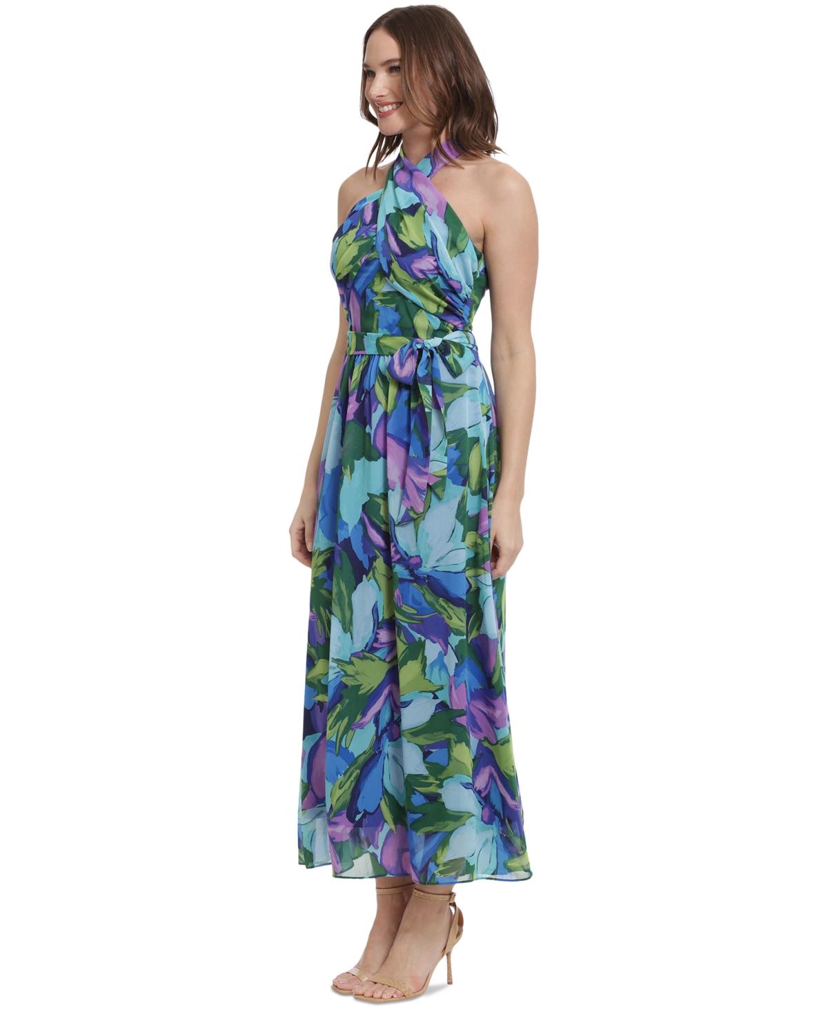London Times Floral Print Halter Neck Maxi Dress In Aqua Royal In Multi