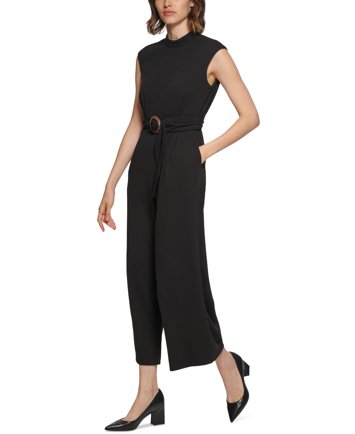 Calvin Klein Belted Scuba Crepe Jumpsuit In Black