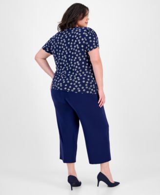 Ak Anne Klein Plus Size Tulip Sleeve Top Pull On Pants In Distant Mountain,bright White