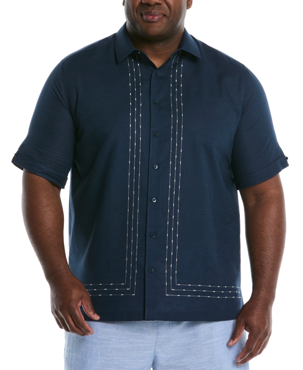 Men's Big & Tall Classic-Fit L-Shape Embroidered Linen Blend Button-Down Shirt - Dress Blues