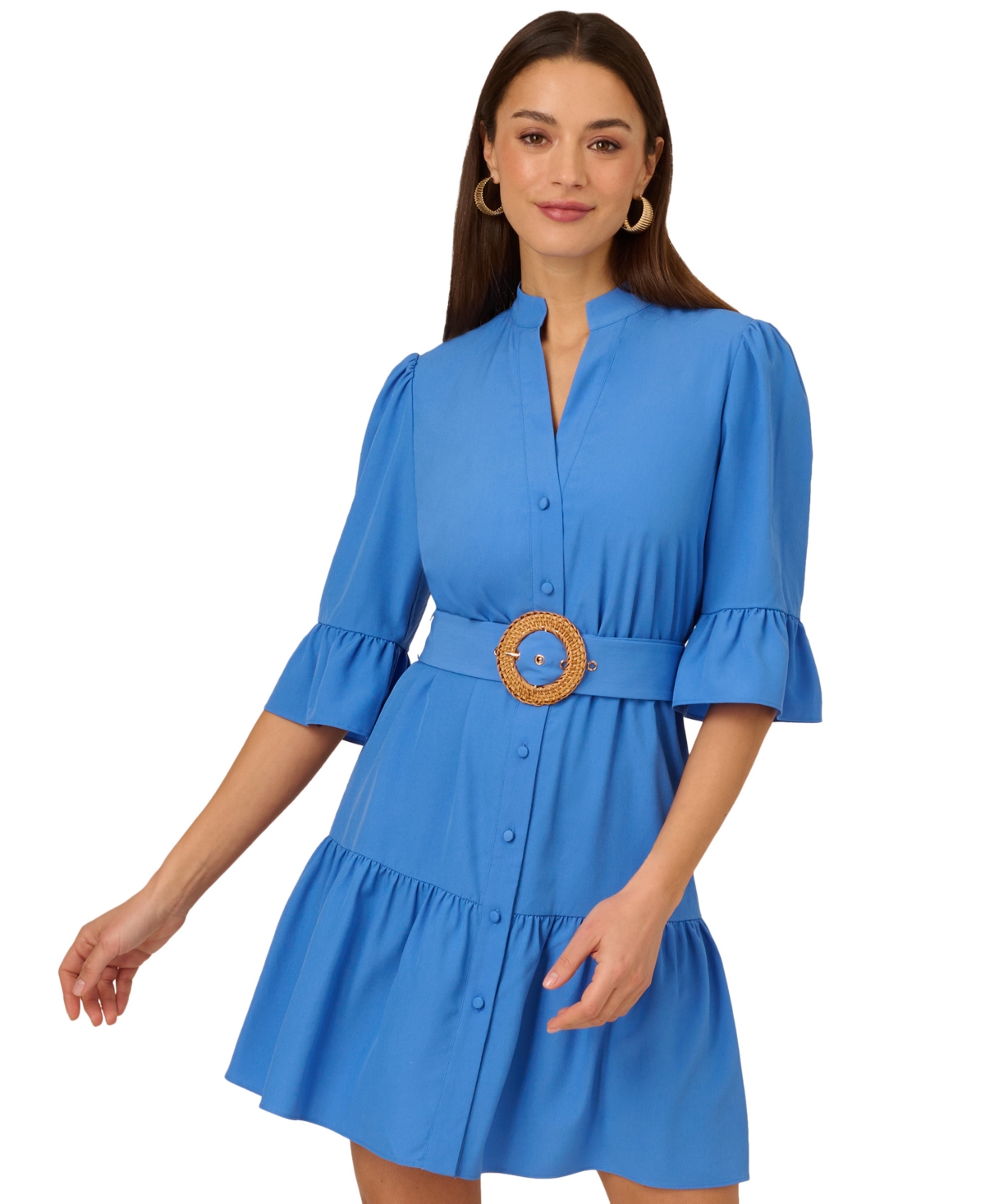 by Adrianna Papell Women's Solid Belted 3/4-Sleeve Shirtdress - Cool Water