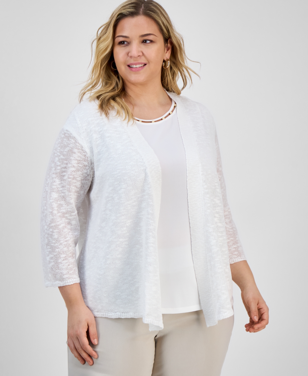 Kasper Plus Size Collarless Open-front Cardigan Sweater