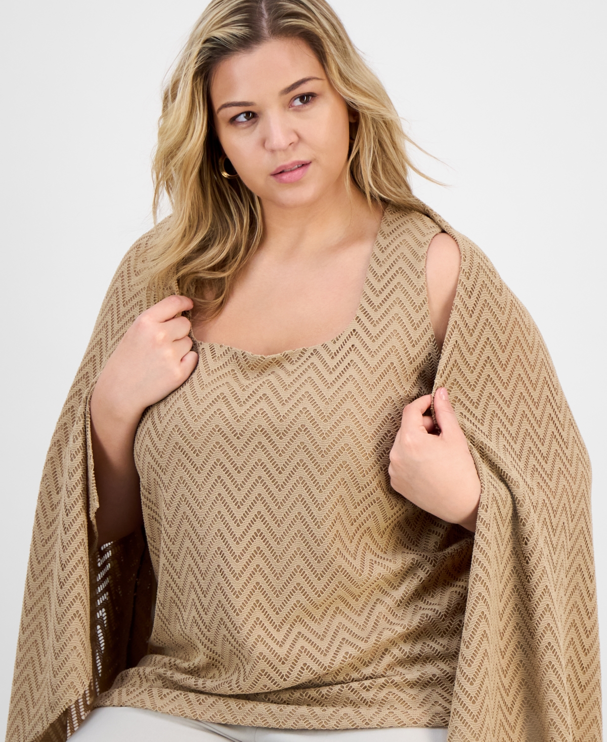 Kasper Plus Size Herringbone Knit Square-neck Tank Top