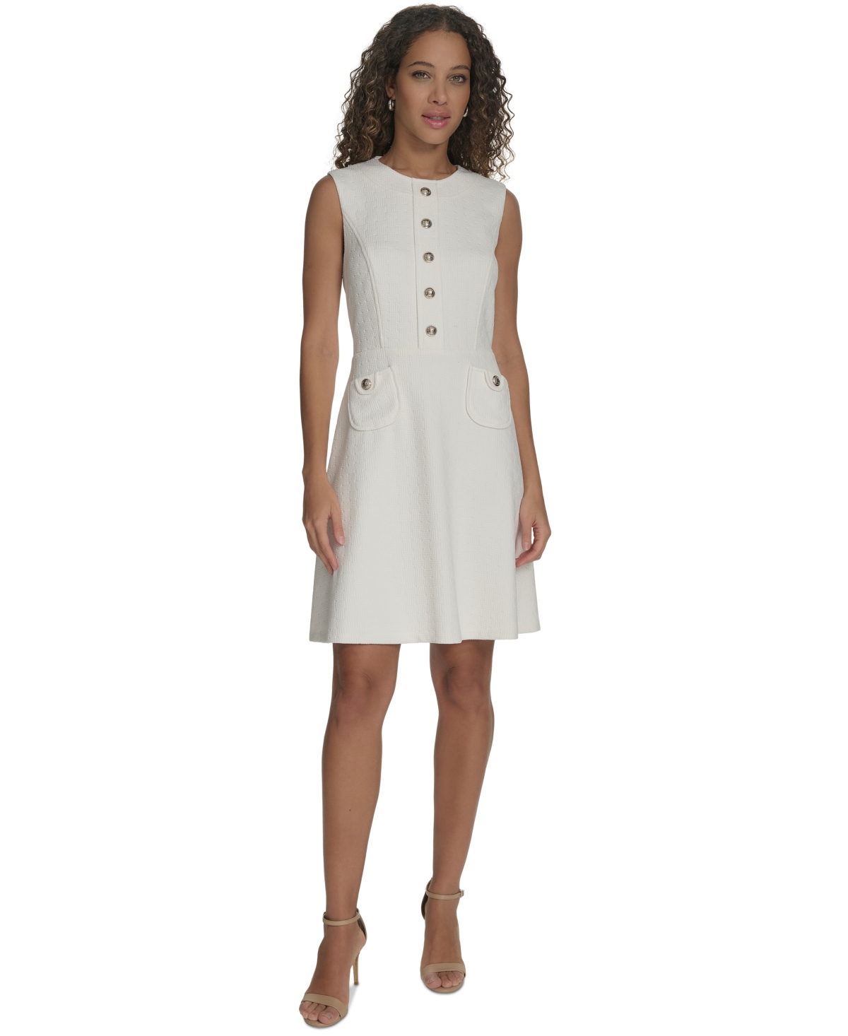 Women's Button-Front Basket-Knit Fit & Flare Dress - Ivory