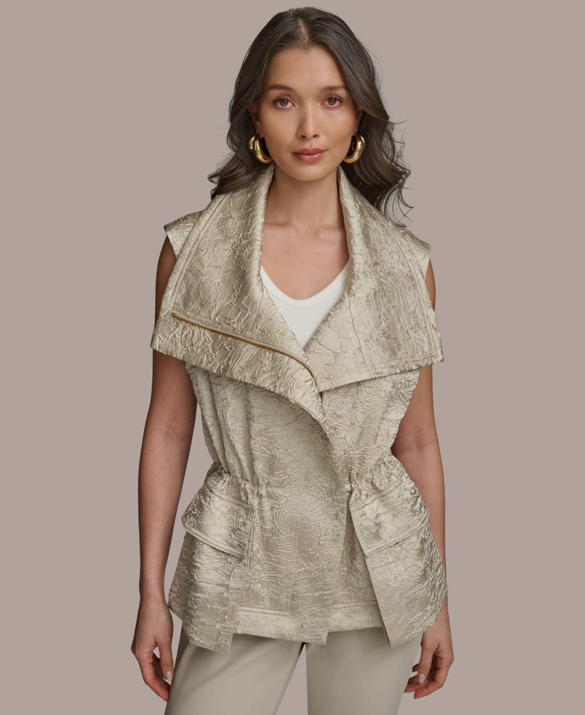 Women's Crinkled Satin Vest - Tuscan Grey