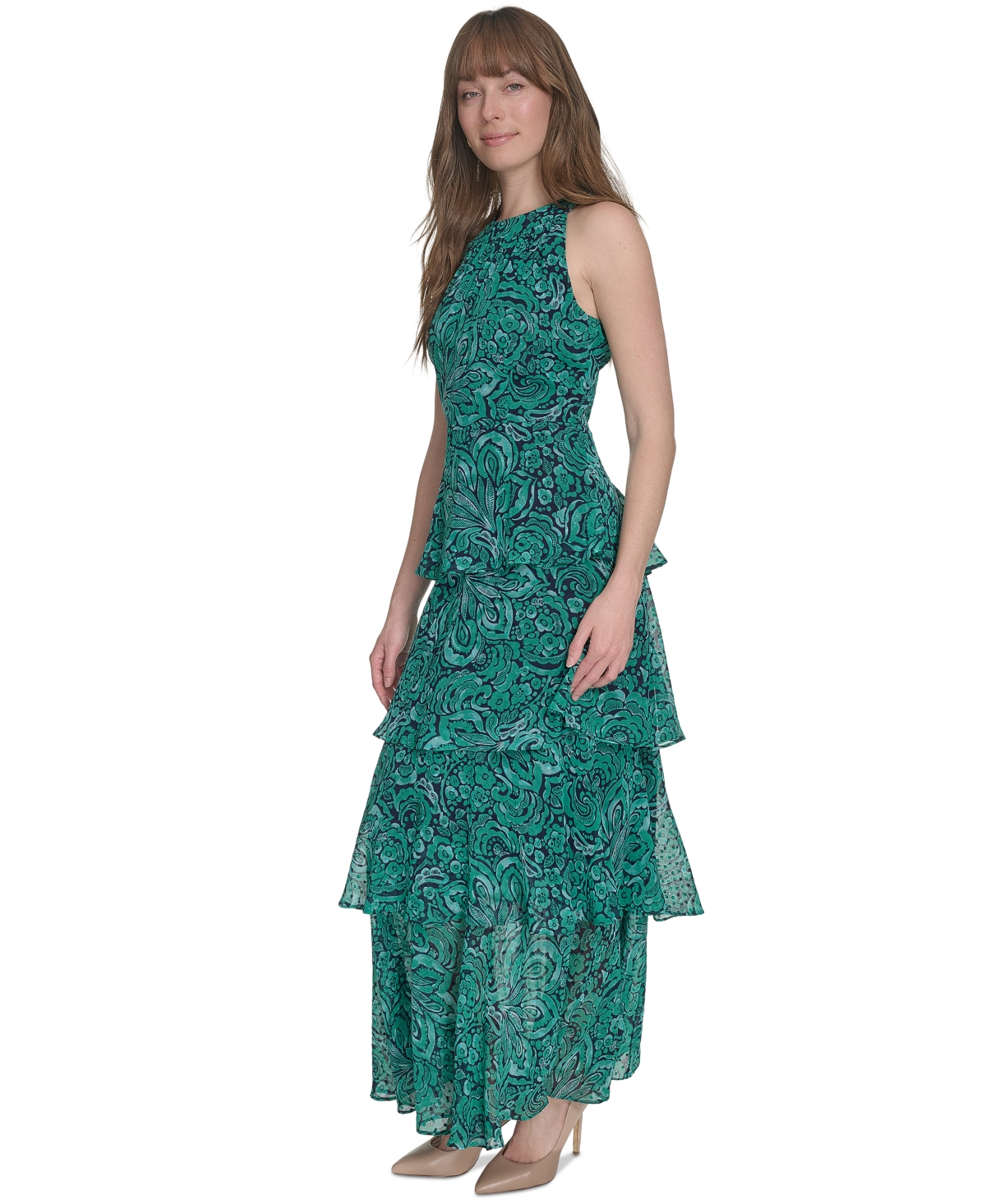 Tommy Hilfiger Women's Floral-print Halter-neck Tiered Sleeveless Dress In Parakeet Multi