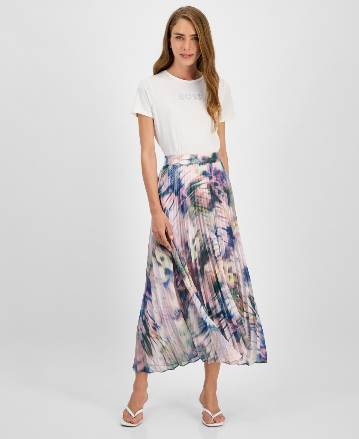 Women's Printed Pleated Midi Skirt - Purple Print