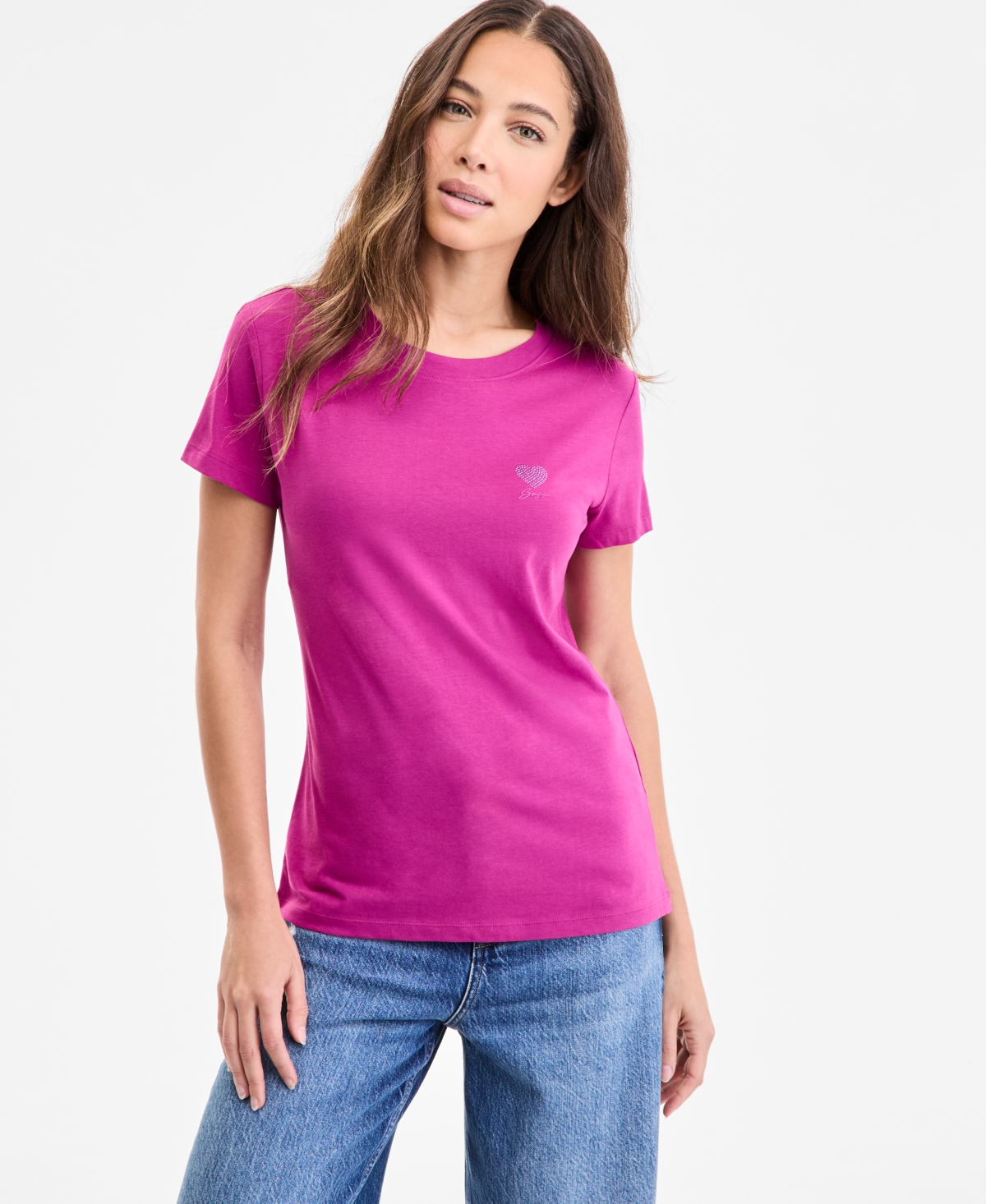 Women's Cotton Embellished Heart Logo T-Shirt - Magenta