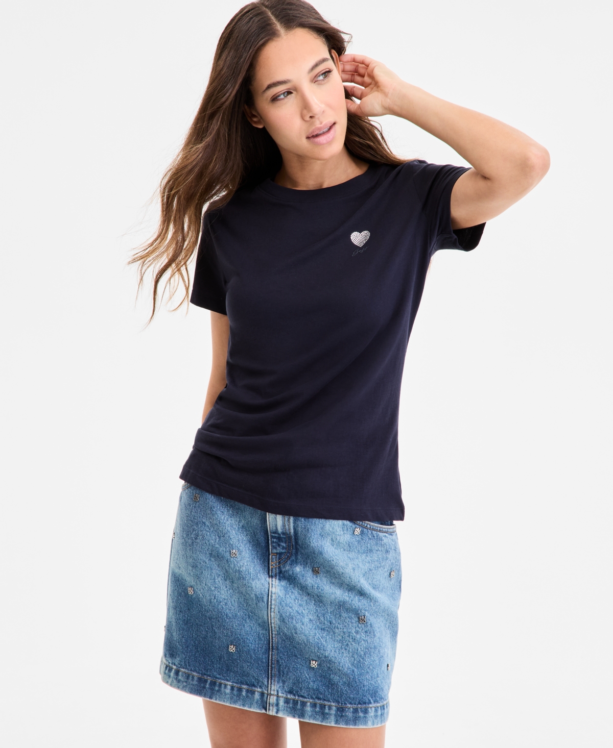 Women's Cotton Embellished Heart Logo T-Shirt - Magenta