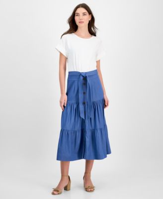 T Tahari - Women's Mixed-Media Tiered Fit & Flare Dress