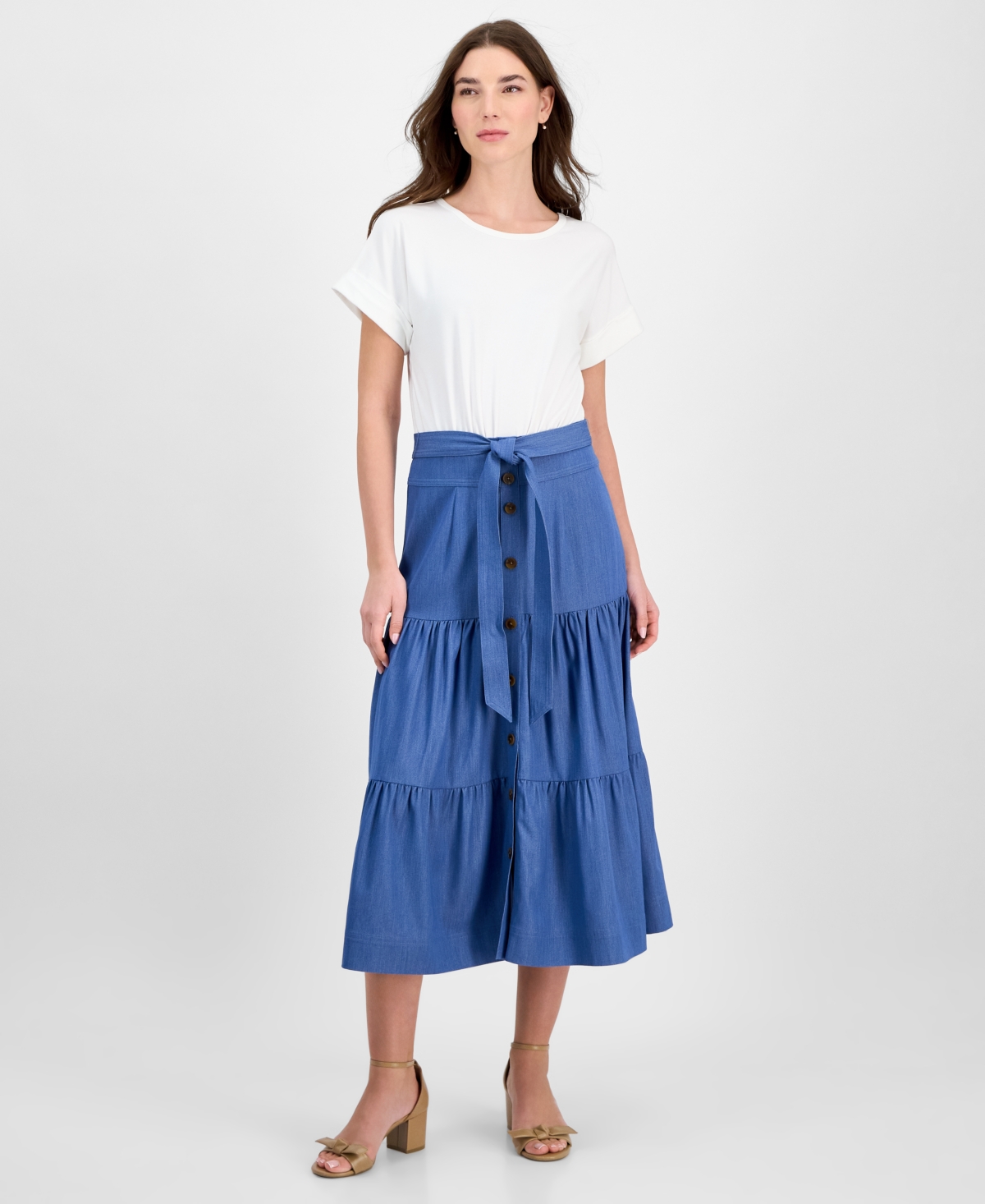 Women's Mixed-Media Tiered Fit & Flare Dress - White Star/denim