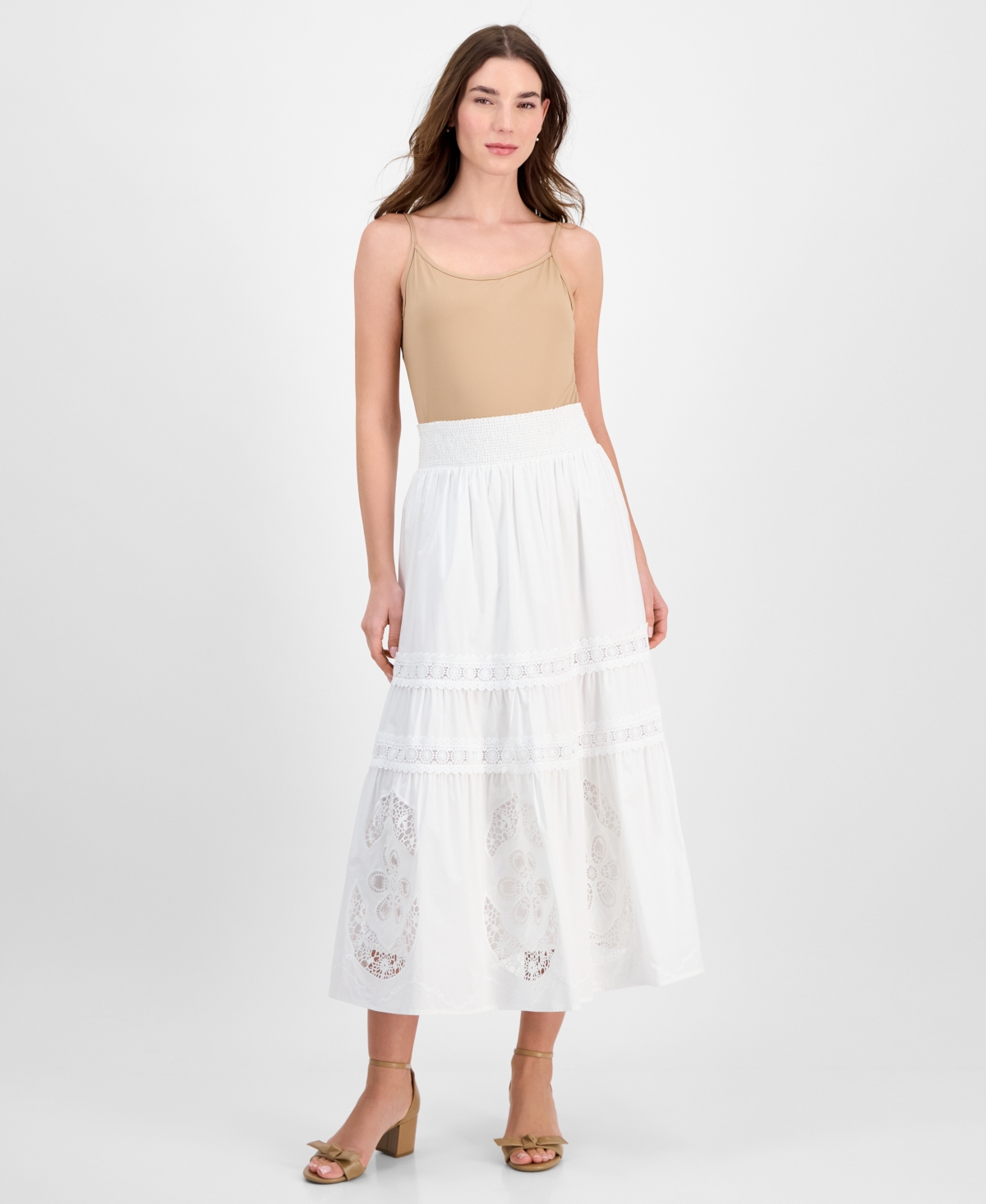 Women's Cotton Embroidered Pull-On Maxi Skirt - White Star