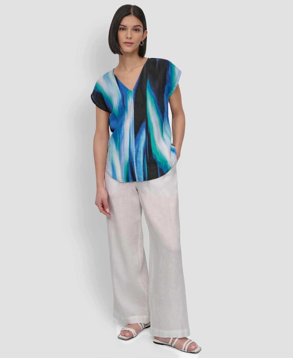 Dkny V-neck Linen Top In Caribbean Multi