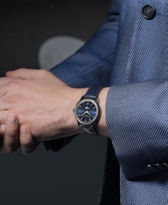 Men's Swiss Moneta Moonphase Navy Leather Strap Watch 37mm