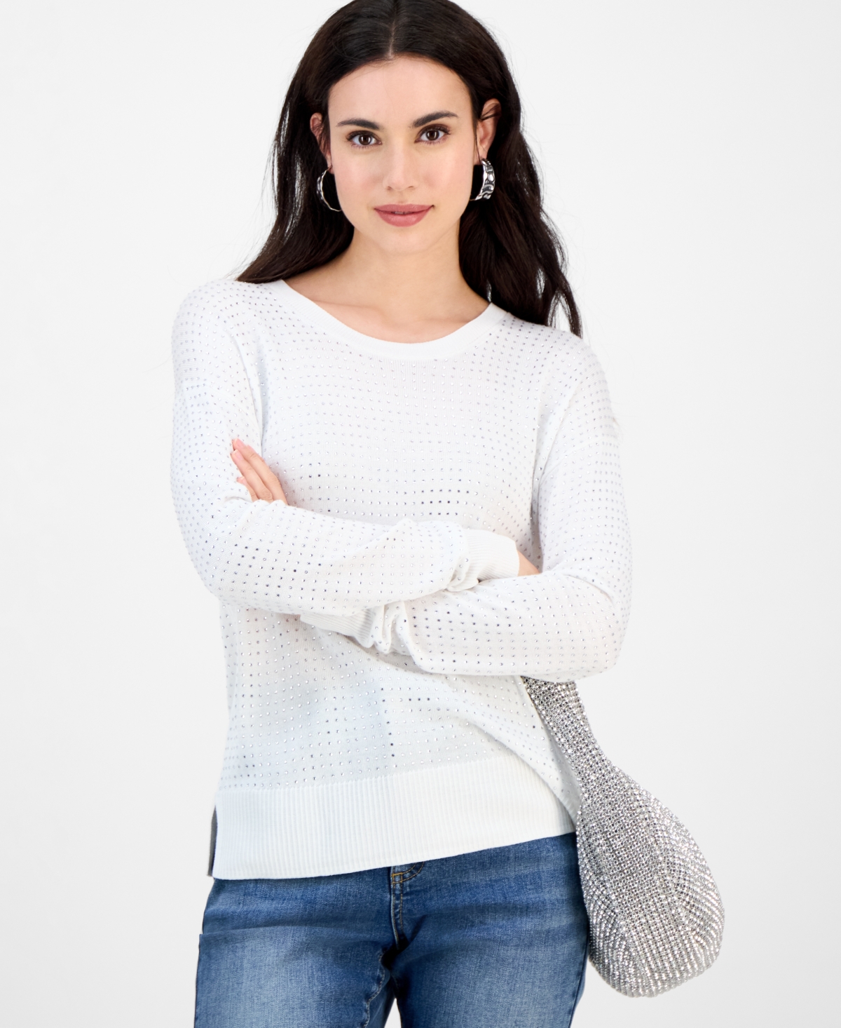 INC INTERNATIONAL CONCEPTS PETITE POINTELLE CREWNECK SWEATER, EXCLUSIVELY AT MACY'S 