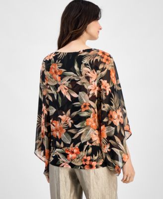 Women's Floral 3/4-Sleeve Poncho Blouse