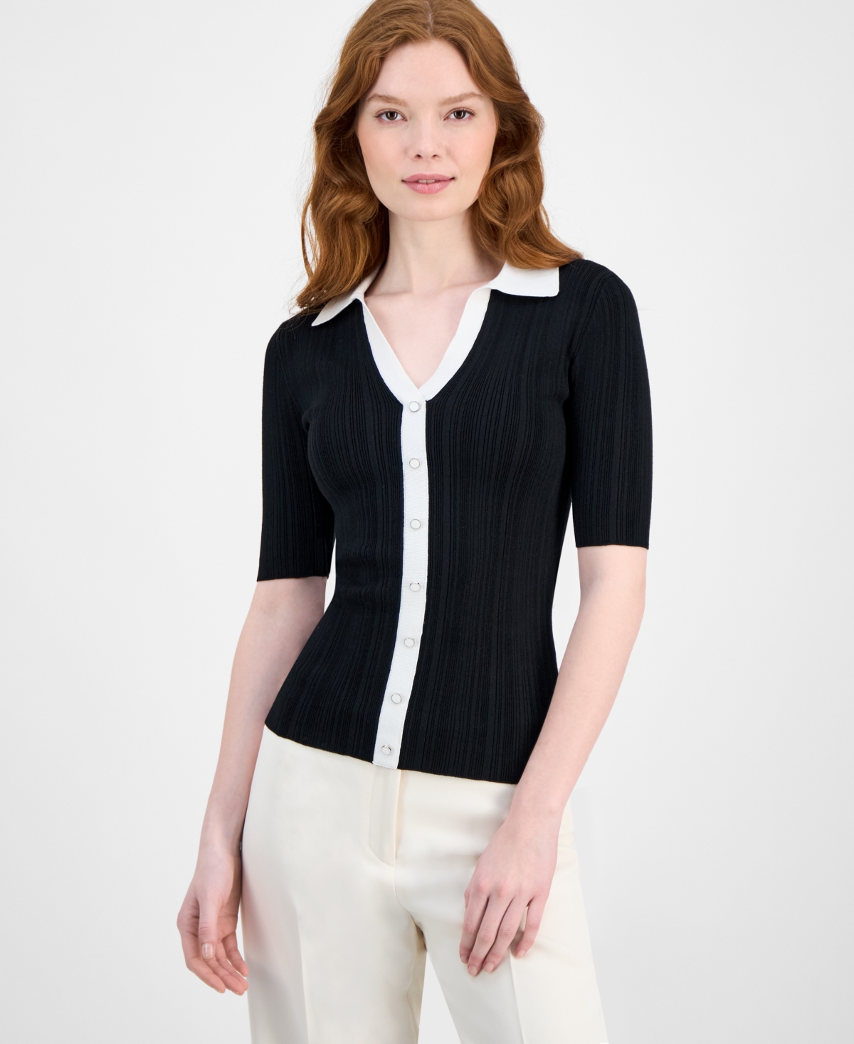 Women's Split-Neck Contrast-Trim Sweater - Black/white