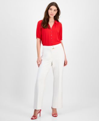 T Tahari - Women's Solid-Color Twill Crepe Wide-Leg Pants