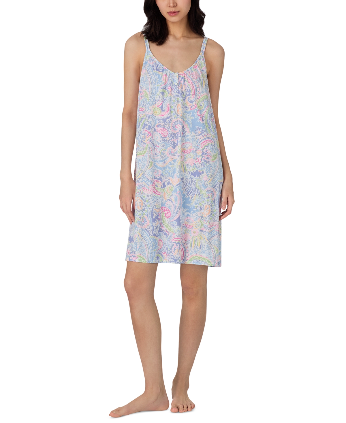 Ralph Lauren Lauren  Paisley Print Double Strap Cotton Blend Nightgown In Blue Pais