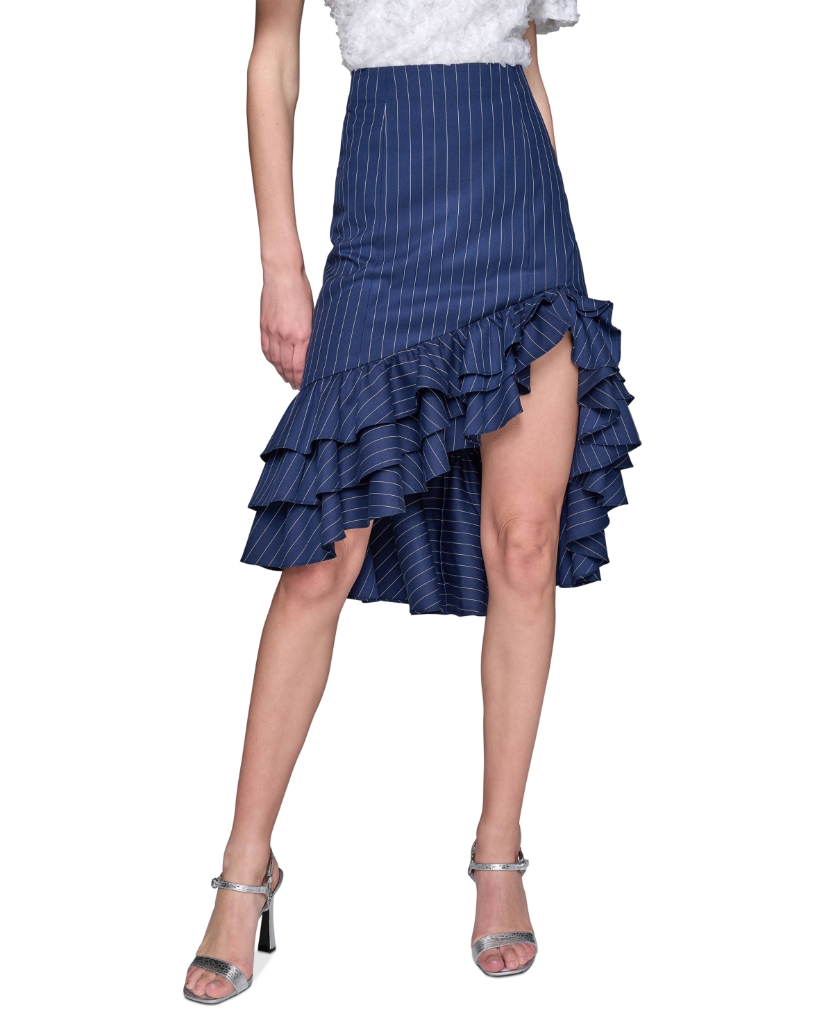 Shop Karl Lagerfeld Women's Pinstriped Asymmetrical Ruffled Skirt In Indigo  Soft White