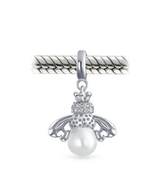 Garden Insect Pearl Queen Bee Dangle Charm Bead Mom Sterling Silver Bracelet