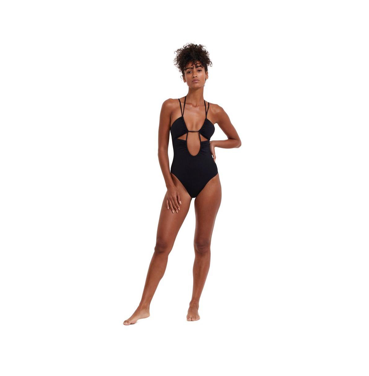 Women's Solid Deep Plunge Cut Out Halter One Piece Swimsuit - Black