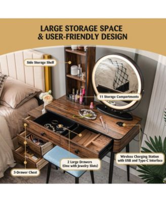 Vanity Table Set with 3-Color Lighted Mirror and Cushioned Stool