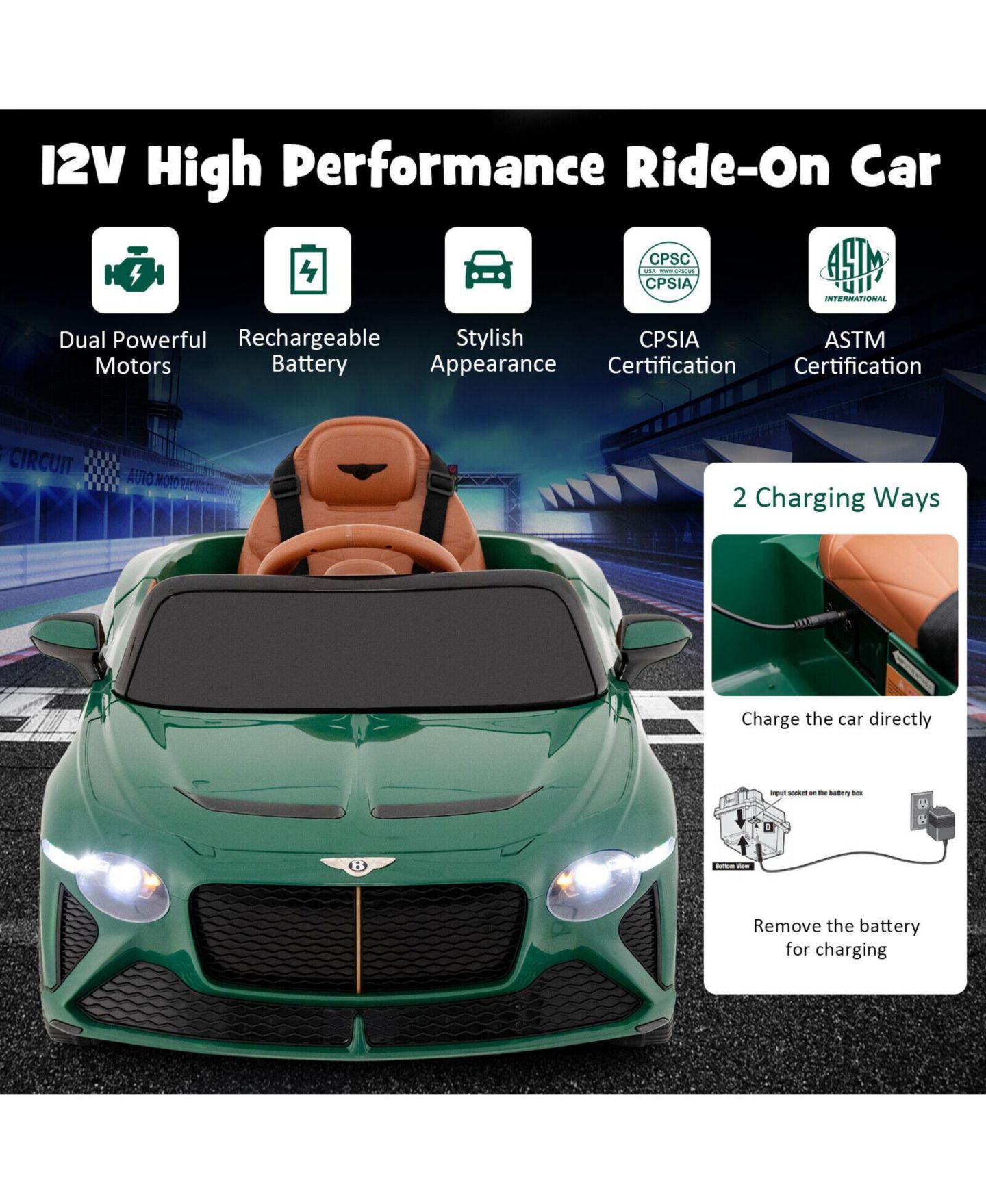 Детская игрушка HONGGE Licensed Bentley Bacalar 12V Kids Ride-On Car with Remote Control, цвет: Зелёный — фото 6
