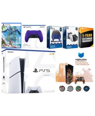 Playstation 5 Slim Disc with Horizon Forbidden West, Extra White Controller, Gamer Kit, Charge Dock and MightySkins Decal Voucher + 1 Year CPS Ex