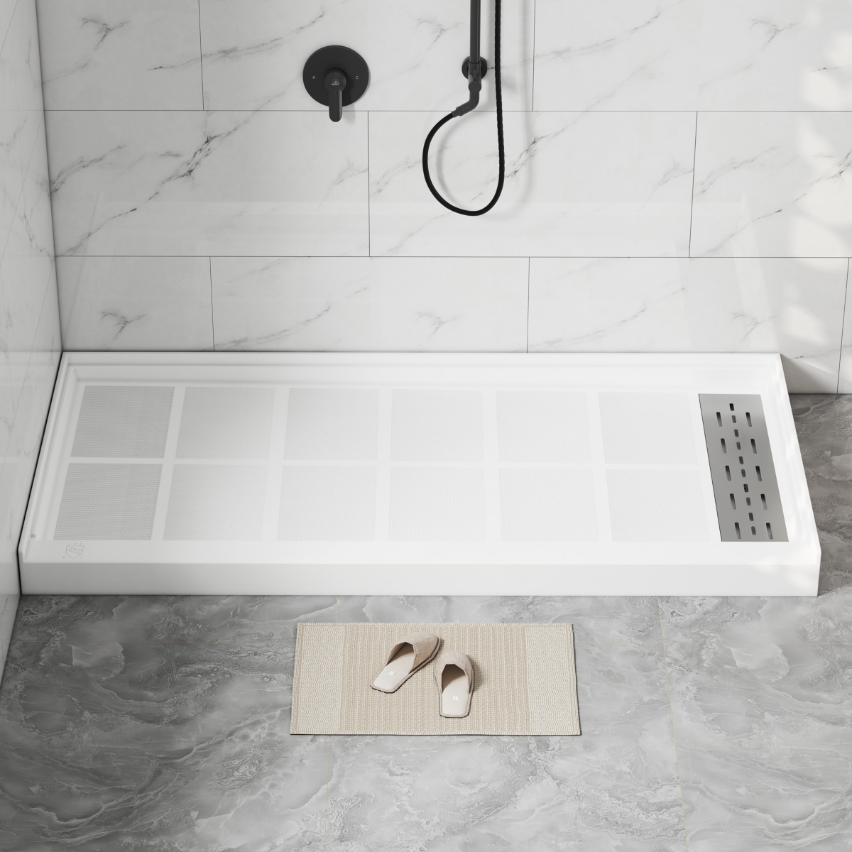 60"W X 30"D Solid Surface Single Threshold Shower Base Anti-Slip Shower Pan, Drain Assembly & Drain Cover Included - White