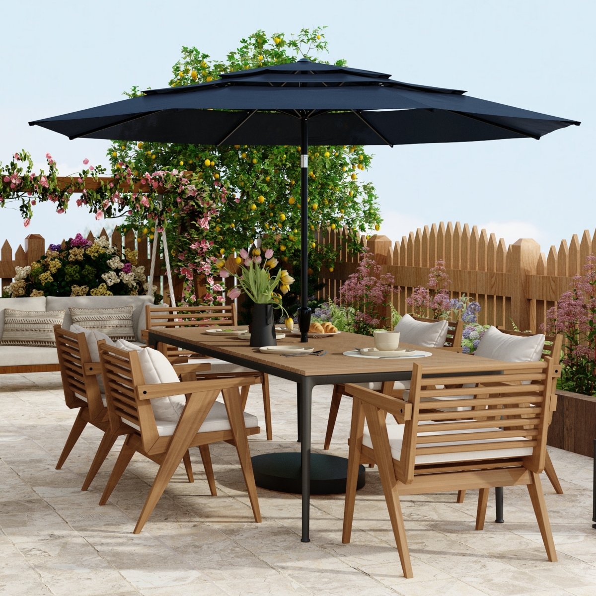 11 ft. Outdoor Patio Market Beach Umbrella with 3-Tier Vented Canopy, With 8 Heavy-Duty Ribs & Crank Tilt in Blue - Dark grey