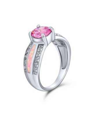 Unique Pink CZ Round Solitaire Promise Ring .925 Sterling Silver Created Opal Inlay Wide Band