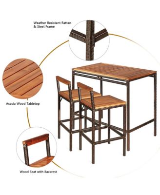 3 PCS Patio Rattan Wicker Bar wood Table Chair Outdoor