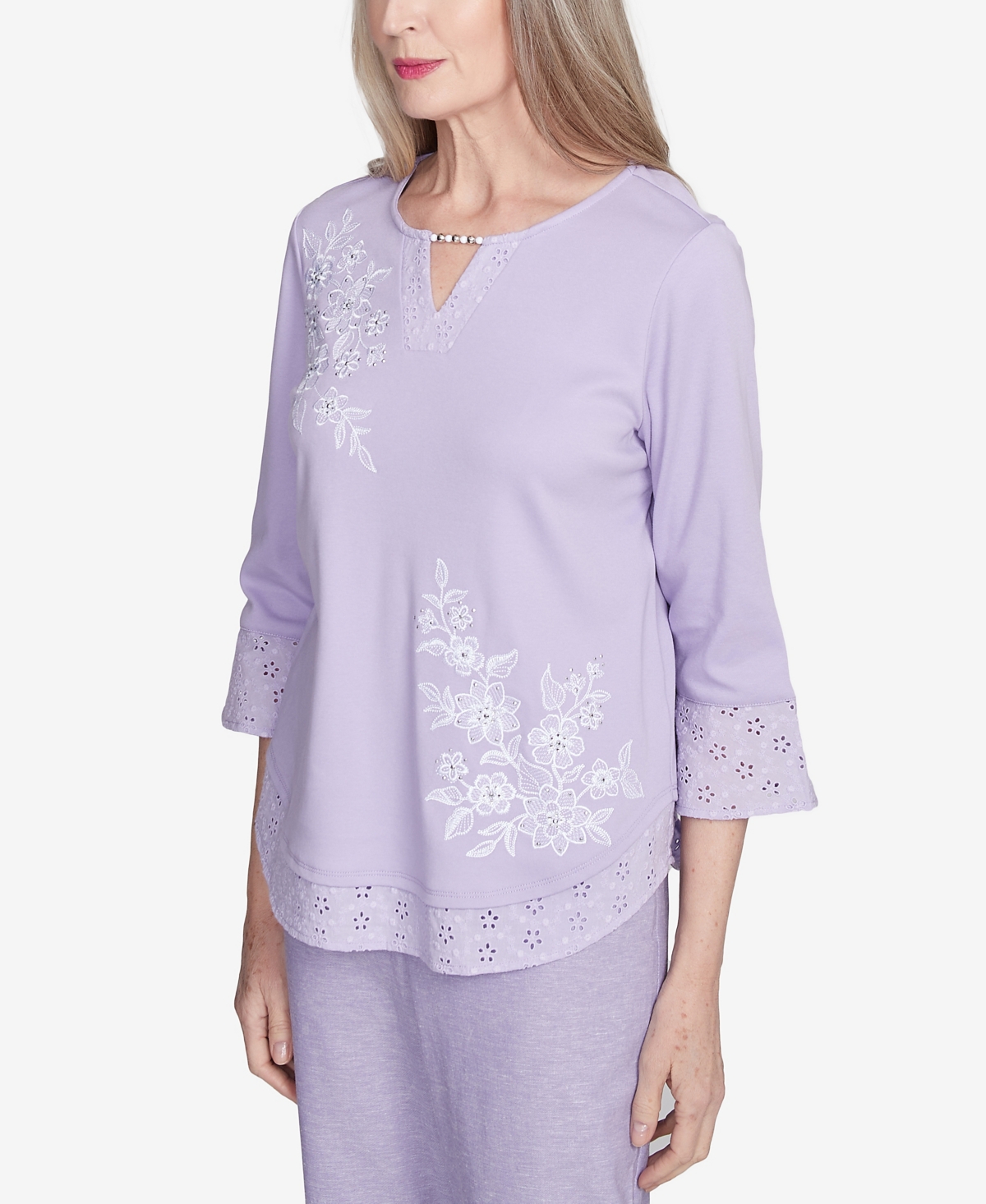 Alfred Dunner Plus Size Crystal Springs Floral Embroidered Eyelet Sleeve Top In Lilac