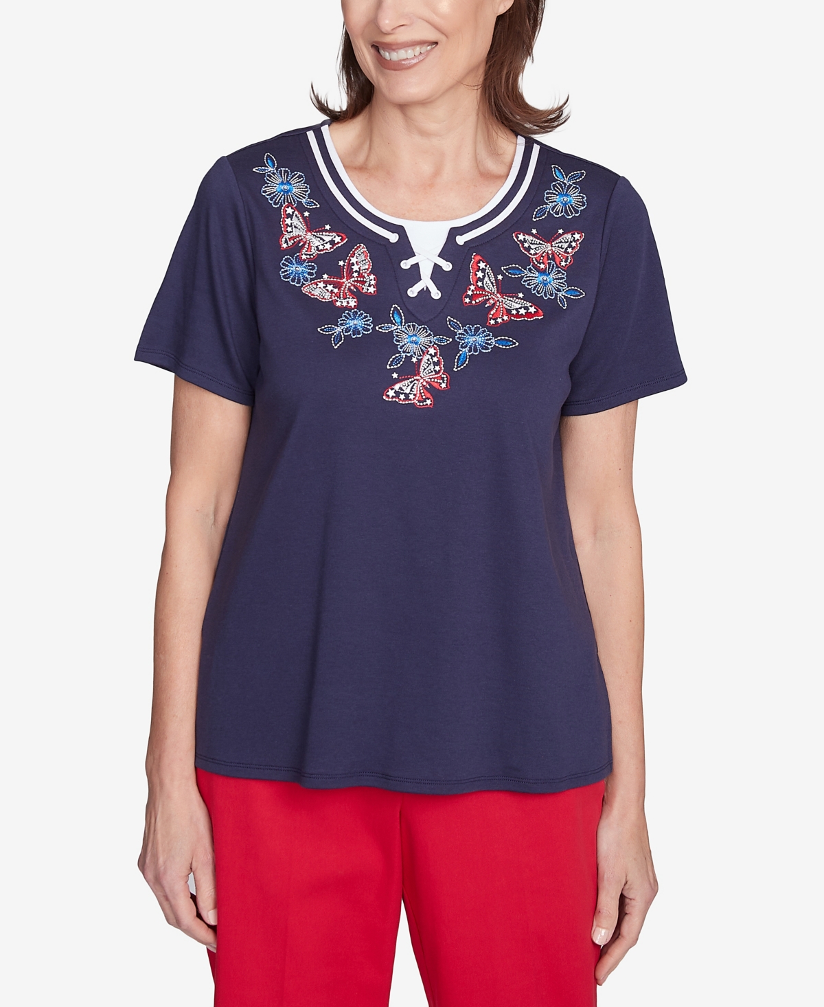 Women's Land of The Free Butterfly Crisscross Crew Neck T-Shirt - Navy
