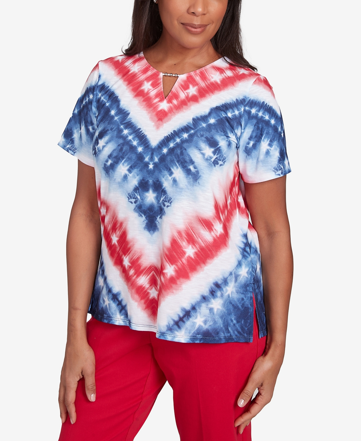 Alfred Dunner Petite Land Of The Free Tie Dye American Chevron Short Sleeve Top In Multi Red