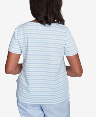 Alfred Dunner Women's St. Thomas Embroidered Daisy Striped Keyhole Neck T-Shirt