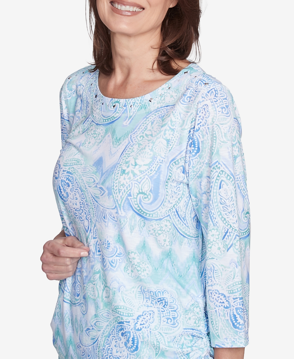 Alfred Dunner Plus Size St. Thomas Island Mint Paisley Ruched Side Top In Blue