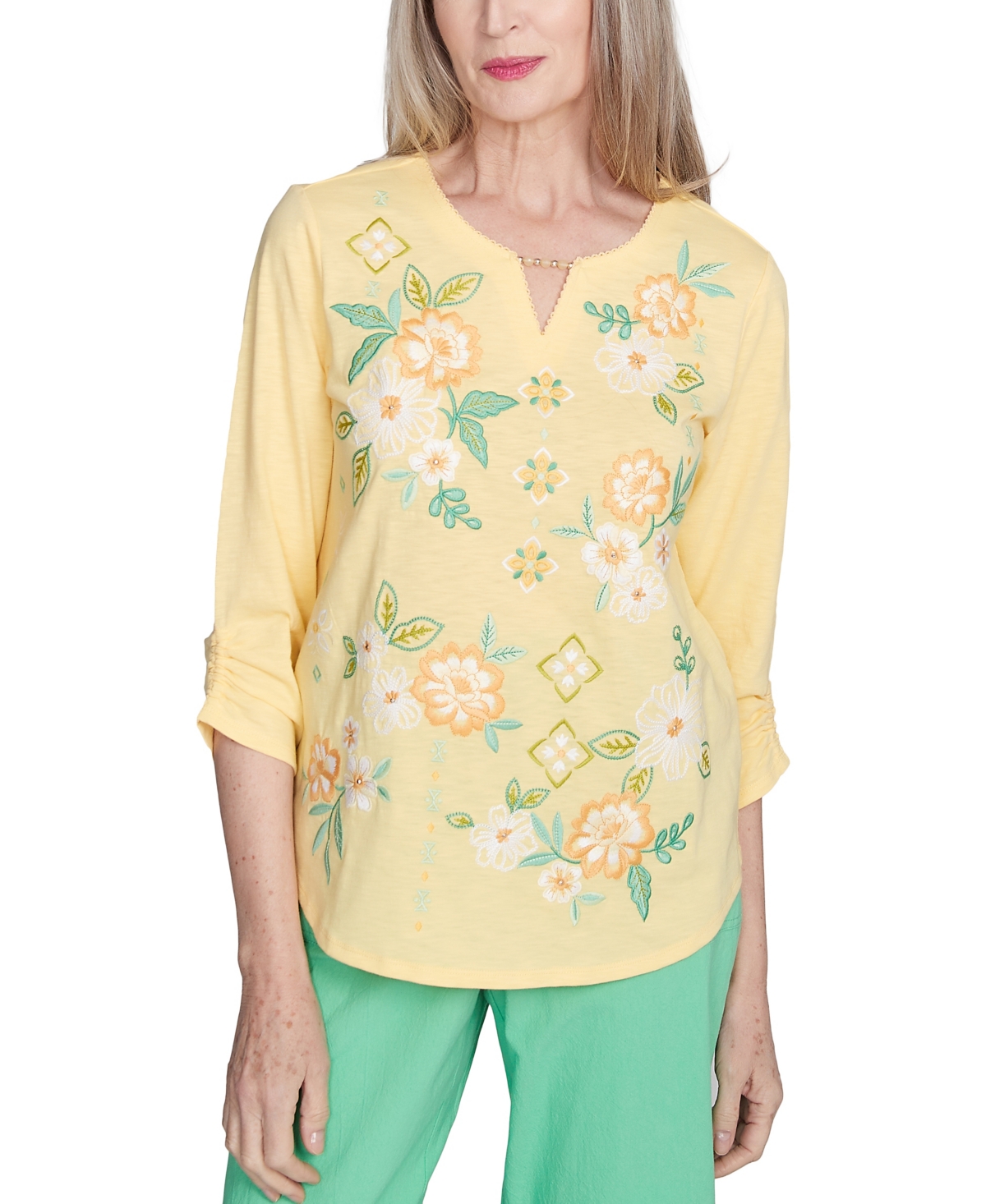 Alfred Dunner Petite Rise Shine Sunny Floral Embroidered Split Neck Top In Green