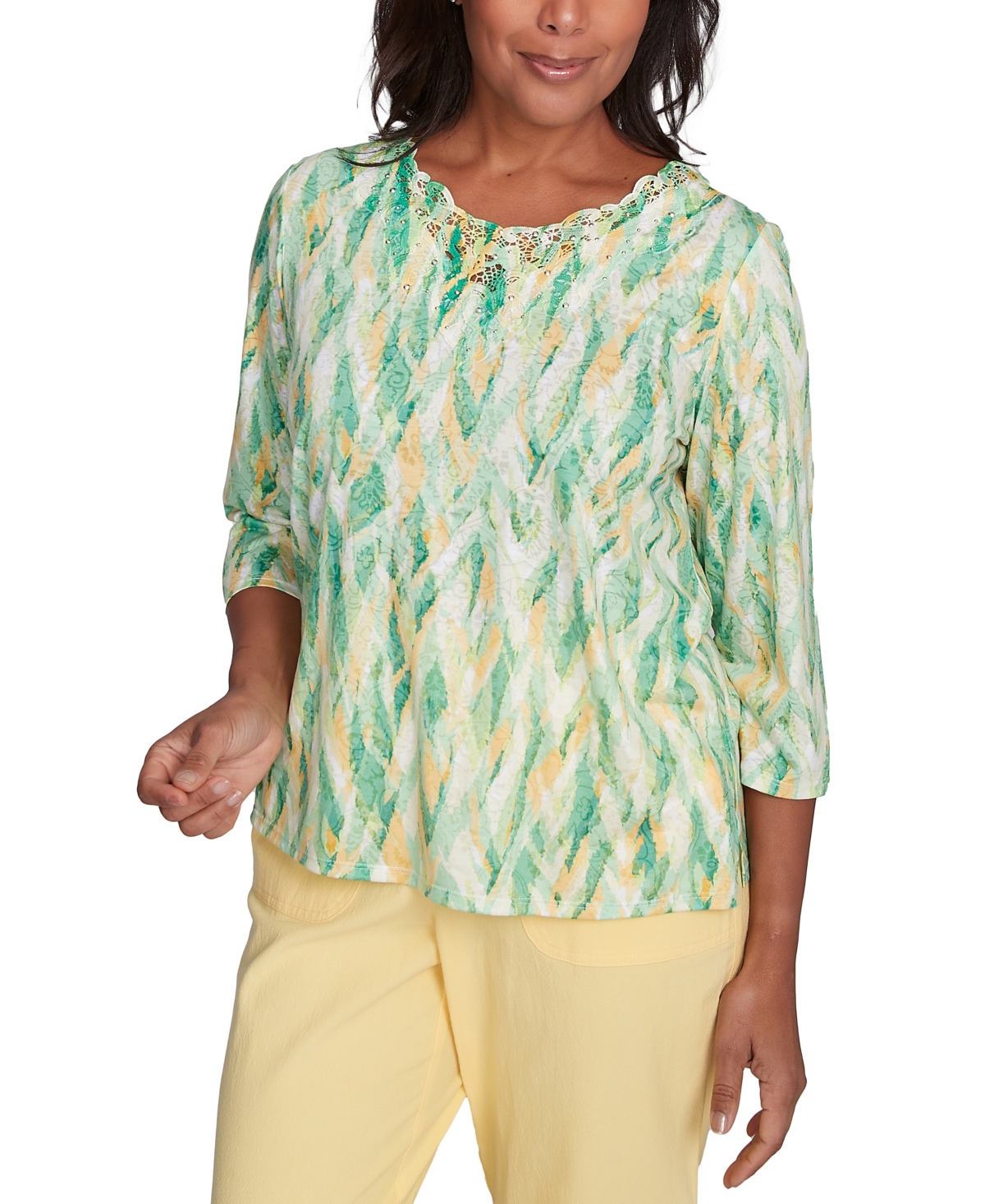 Alfred Dunner Petite Rise Shine Bright Textured Strokes Embellished Top In Lime Multi