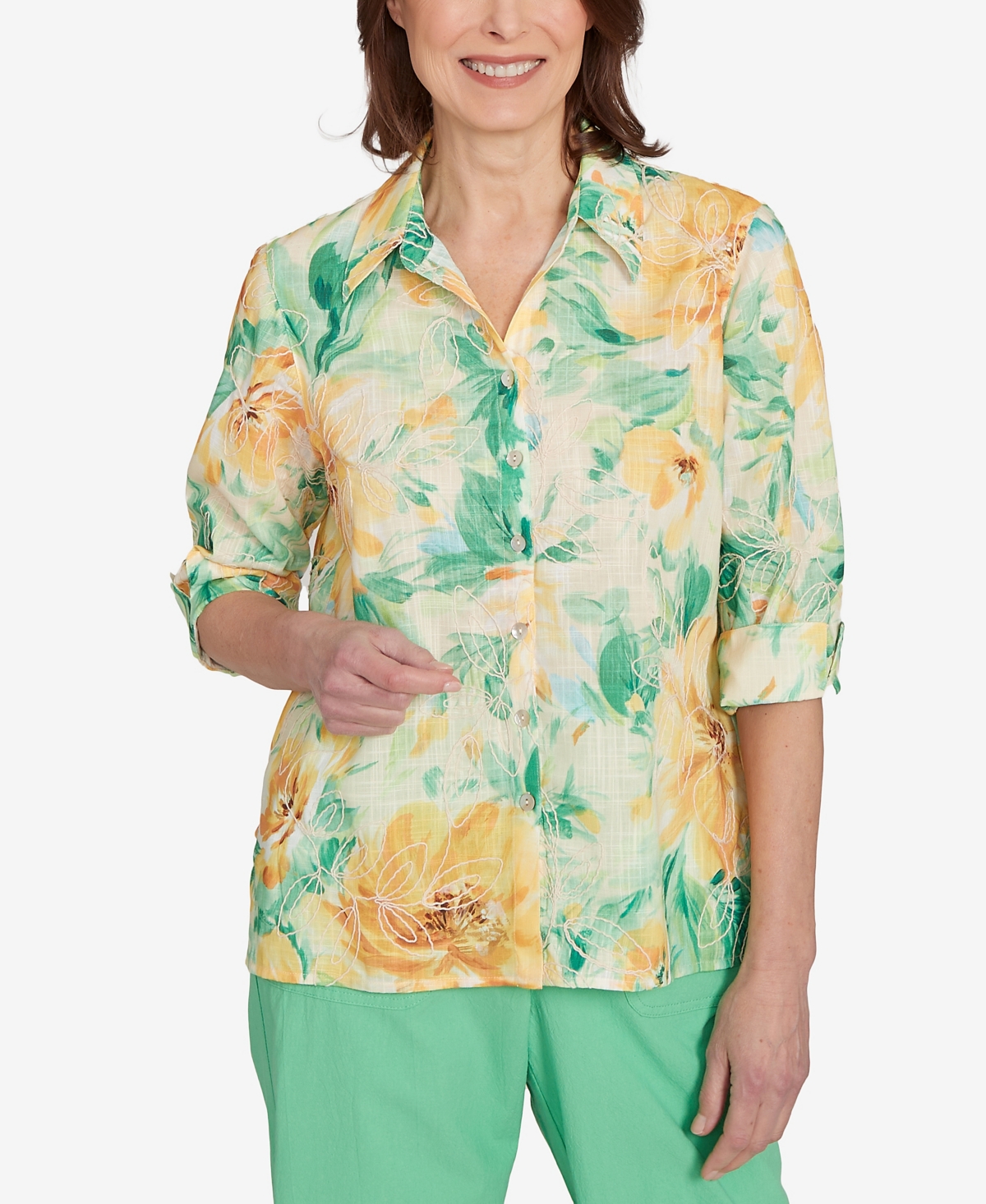 Women's Rise Shine Watercolor Floral Tie Sleeve Collared Neck Top - Lime Multi