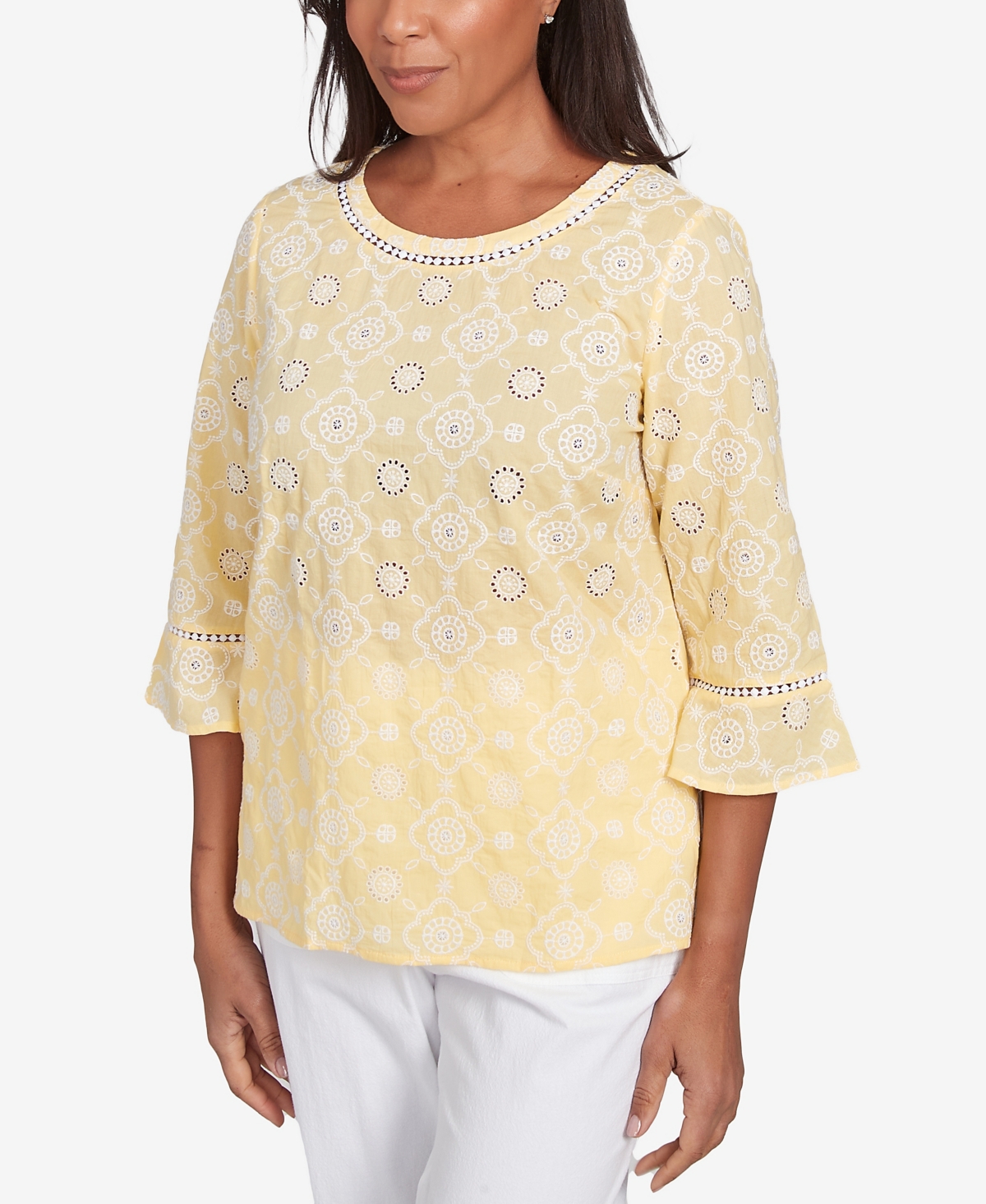 Alfred Dunner Petite Rise Shine Embroidered Floral Eyelet Bell Sleeve Top In Lemon