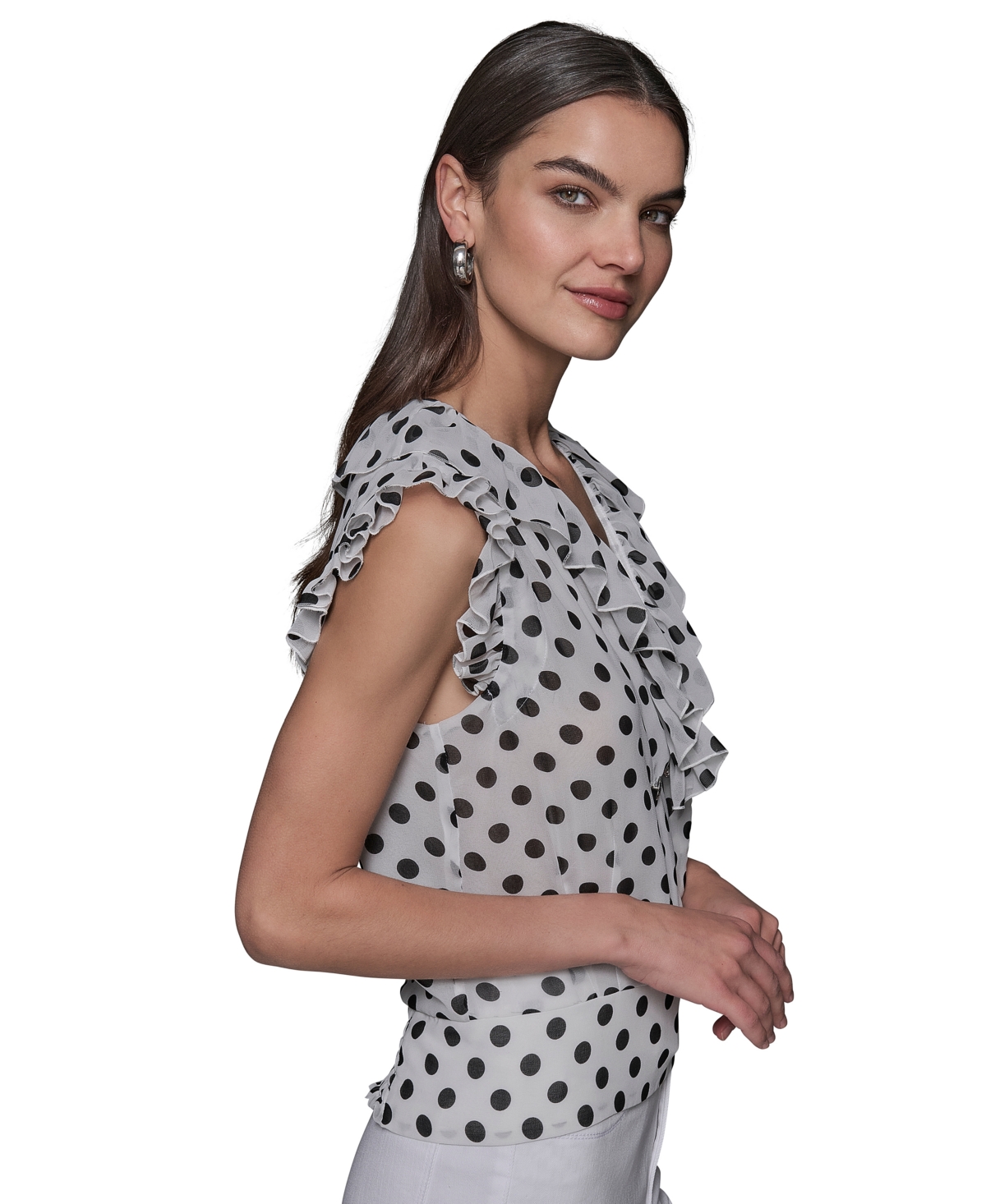 Karl Lagerfeld Women's Dot-print Ruffled Top In Soft White