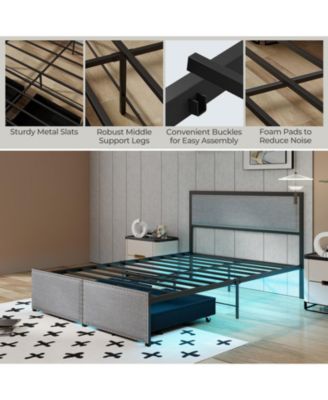 Full Size Bed Frame with LED Lights Drawer and Metal Slats-Full Size