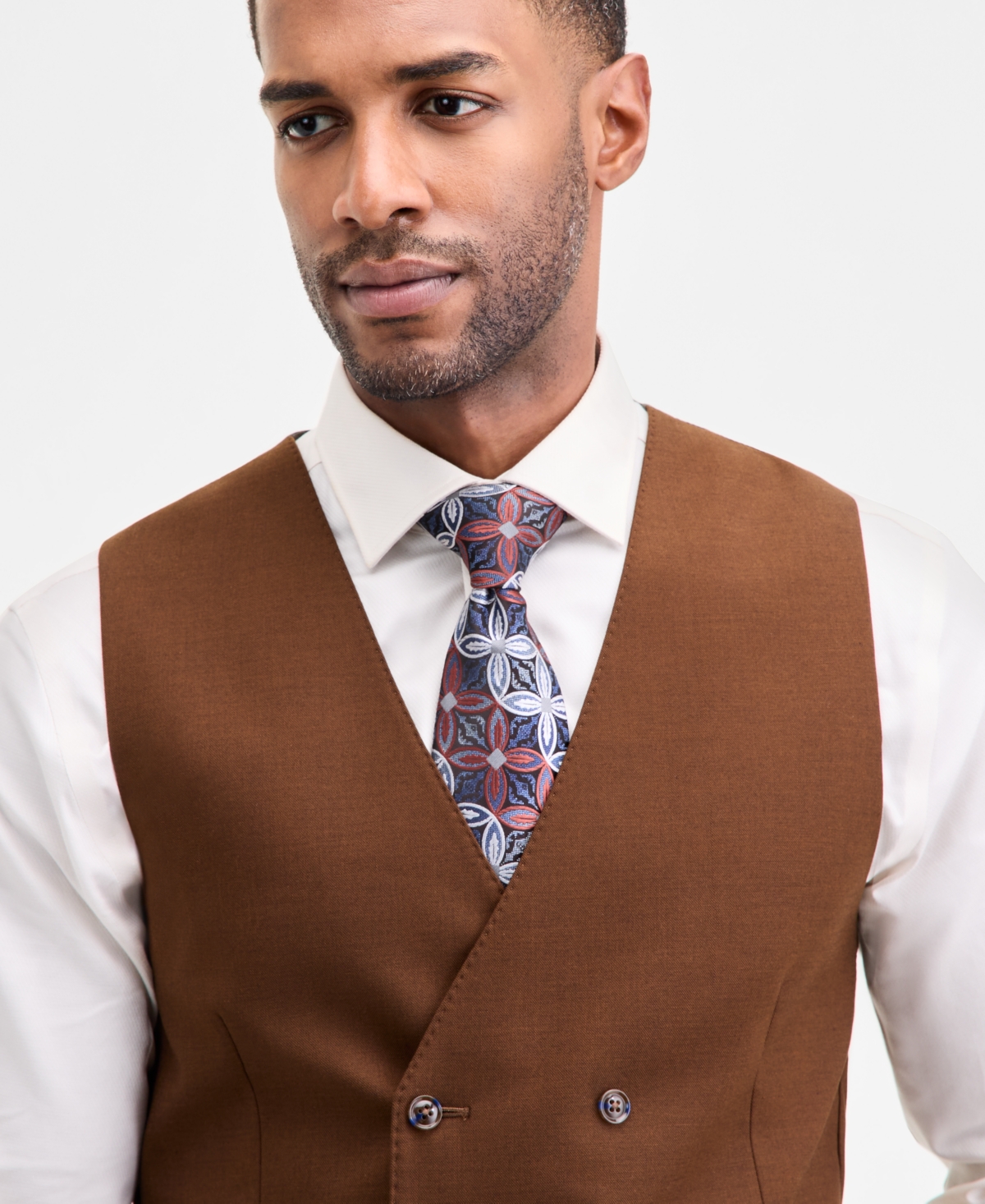 Tayion Collection Men's Classic-fit Solid Double-breasted Suit Separate Vest In Brown